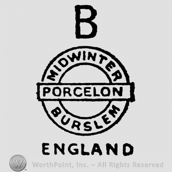 Large initial B above a circle containing: curved writing above: Midwinter and below: Burslem. Porcelon written on a rectangular frame over the circle. England capital written beneath