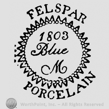 Felspar curved written above. Porcelain curved written below, 1803 Blue M written on three rows inside the sun