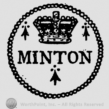 Crown above between two arrows facing towards three dots each, Minton written in the centre above another arrow facing towards three dots, inside circle made of small pearls