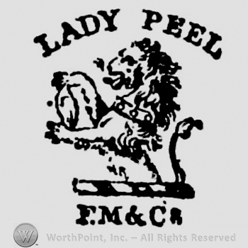 Lady Peel written above a lion on two feet. F. M. & Co written below