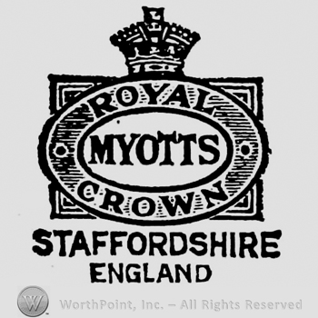 Crown above oval panel which is placed over a rectangle frame. In the centre of the oval it's written in capital letters Myotts, above on the border Royal, below Crown. Beneath the frame Staffordshire England written on two rows