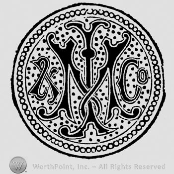 Monogram of M J & Co surrounded by dots, inside circular pearl frame