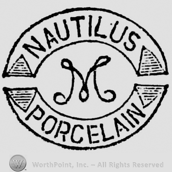 Nautilus written on a curved ribbon above, Porcelain written on a curved ribbon below. Stylish letter M in the centre