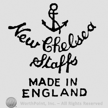 Anchor above curved handwritings New Chelsea Staffs. Made in England capital written beneath, on two rows