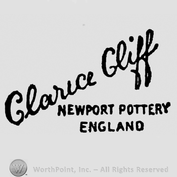 Clarice Gliff handwritten on a slanted line. Newport Pottery  England capital written below, on two rows, on the bottom right side