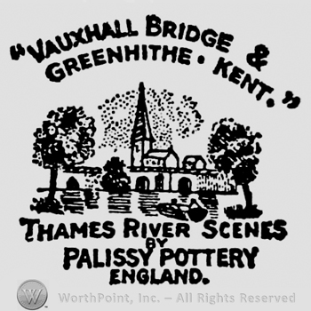 Vauxhall Bridge & Greenhithe Kent curved capital written on top, between quotation marks. Image of a large house surrounded by trees, next to a river. Thames River Scenes by Palissy Pottery England bold capital written below
