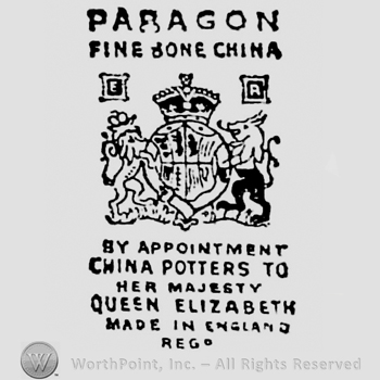 Paragon Fine Bone China capital written on two rows above Royal Arm mark. By Appointment China Potters to Her Majesty Queen Elizabeth Made in England Reg. written below six rows