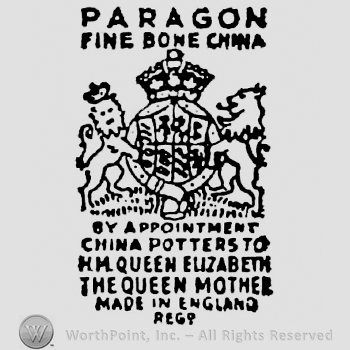 Paragon Fine Bone China capital written on two rows above Royal Arm mark. By Appointment China Potters to H.M. Queen Elizabeth The Queen Mother Made in England Reg. written below six rows