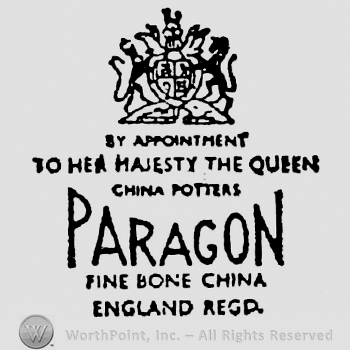 Royal Arm mark on top. By Appointment to Her Majesty The Queen China Potters written below on three rows. Paragon large capital written. Fine Bone China England Reg written beneath, on two rows
