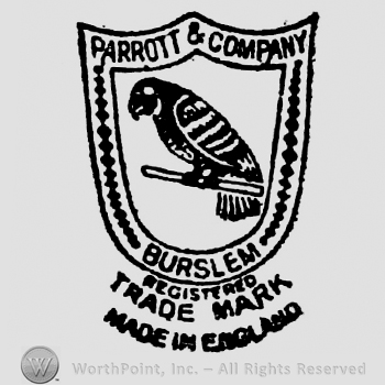 Design on a shield shaped panel: Parrett & Company written above an image of a parrett, Burslem written below. Registred Trade Mark Made in England curved written beneath on three rows