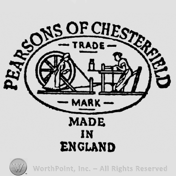 Woman helping man at pottery. Trade written above, Mark written below, inside oval. Pearsons of Chesterfield curved written above, Made in England capital written below on three rows