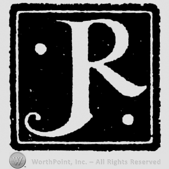 Monogram of J R, a dot on the upper left side, a dot on the bottom right side