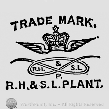 Crown with wings raised above Staffordshire Knot containing initials: R.H. & S.L., P written bellow. Trade Mark capital written on top, R.H. & S.L. Plant capital written on the bottom