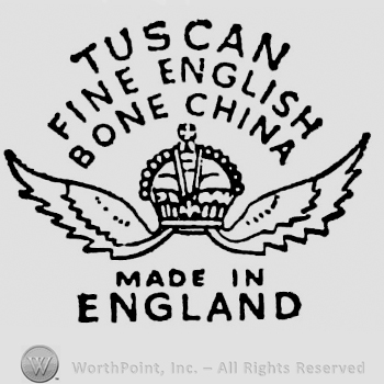 Tuscan Fine English Bone  China curved written on three rows above crown with wings. Made in England written below