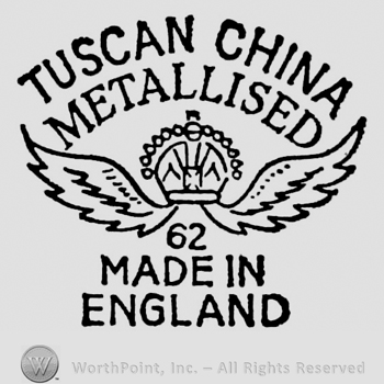 Tuscan China Metallised curved written on two rows above crown with wings. 62 Made in England written below on three rows