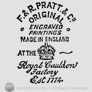 F.&R. Pratt & Co Original curved written on two rows on top. Engraved Printings italic and capital written on two rows. Made in England written below. Image of a crown. Royal Couldon Factory Est. 1774 written below on three rows