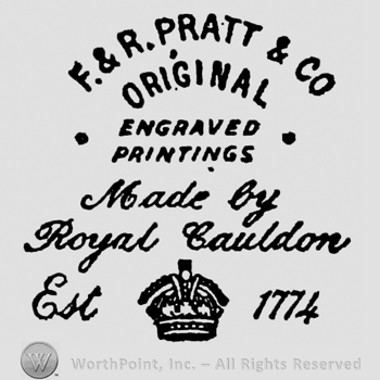 F.&R. Pratt & Co Original curved written on two rows on top. Engraved Printings italic and capital written on two rows. Made by Royal Cauldon written below on two rows. Crown below Est and 1774