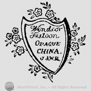 Windsor Feston handwritten, Opaque China J & W R capital written below, inside shield shape, surrounded by flowers