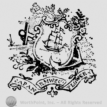 Anchor behin shield containing image of a boat, surrounded by branches. Ribbon below with inscription: Japan R.M.W. & Co Flowers