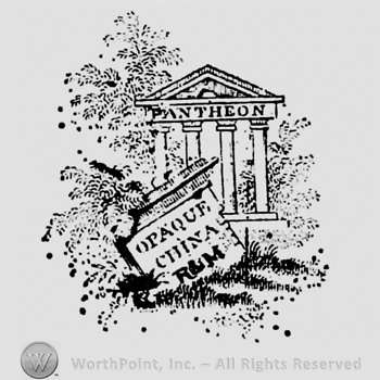 Pantheon written on Greek monument, surrounded by olive branches. Opaque China R & M written on an indicator