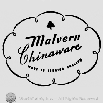 Small design of a tree. Malvern Chinaware written beneath on a slanted line. Small font writing on a curved line on the bottom side of the circle: Made in Longton England