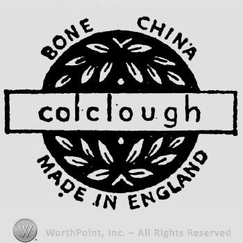 Colclough written inside rectangular frame over a black circular panel. Olive branch above and below. Bone China curved written on top, Made in England curved written below
