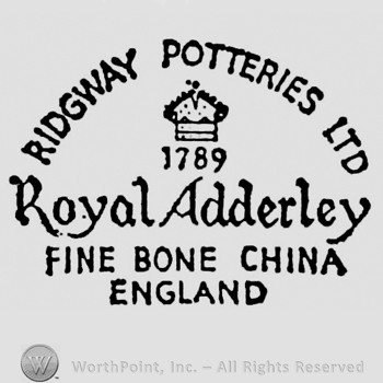 Ridgway Potteries Ltd curved written above crown and year 1789. Royal Adderley Fine Bone China England written below on three rows