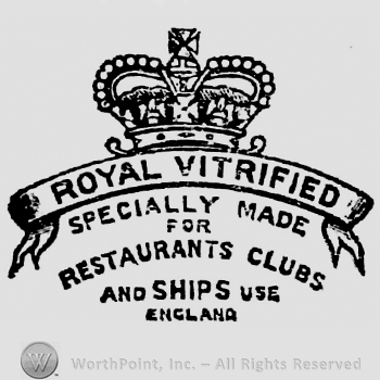 Crown above ribbon containing inscription: Royal Vitrified. Specially Made for Restaurants Clubs and Ships use England