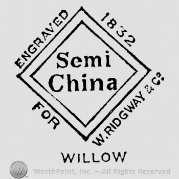 Semi China written inside diamond shape. Engraved on the left, 1832 on the right, for on the bottom left side, W. Ridgway & Co on the bottom right side. Willow written beneath