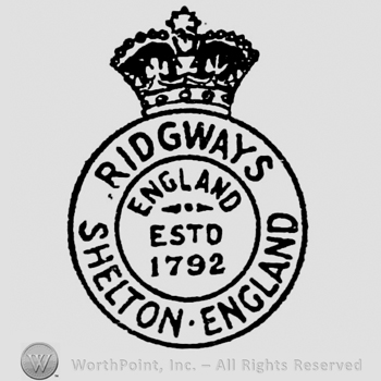 Crown on top of circular panel containing: England Estd 1792 in the centre, Ridgways on the upper border, Shelton England on the bottom side border