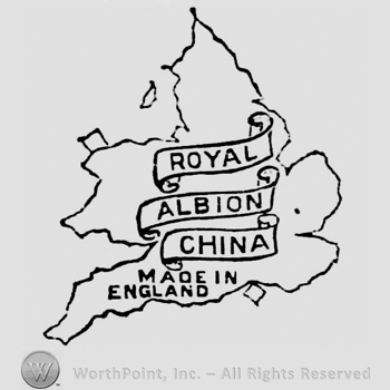 Royal Albion China written on a ribbon, Made in England written below, on a map design
