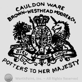 Cauldon Ware Brown-Westhead Moore & Co curved written on top, on two rows. Royal Arm mark. Potters to her Majesty capital written beneath