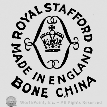 Crown inside frame in the middle. Royal Stafford curved written above, Made in England curved written below. Bone China curved written beneath