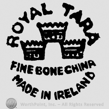 Royal Tara capital curved written above three crowns. Fine Bone China written below, Made in Ireland curved written beneath