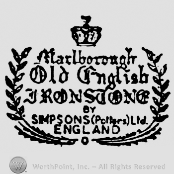 Crown above writings: Marlborough Old English Ironstone by Simpsons (Potters) Ltd. England. Surrounded by two curved branches