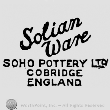 Solian Ware bold written on two slanted lines. Soho Pottery Ltd. Cobridge England capital written below