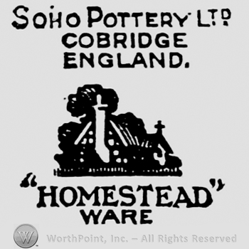 Soho Pottery Ltd. Cobridge England written on three rows above church. Homestead Ware capital written below. Homestead written between quotation marks