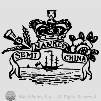 Crown above, rose on the right, other sort of flower on the left, above ribbon containing writings: Semi Nanked China. Below image of a boat on the sea