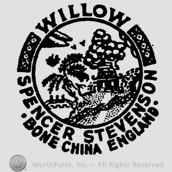 Design on circular panel containing in the centre: house and garden with trees. Willow capital written above, Spencer Stevenson Bone China England curved written below