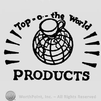Top-o-the-world written above a pot on a globe. Products written below. Four broad lines on the left and right of the globe