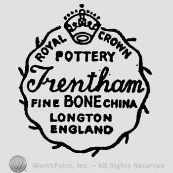 Crown between writings: Royal and Crown. Pottery written below. Trentham handwritten in the centre. Fine Bone China Longton England capital written beneath