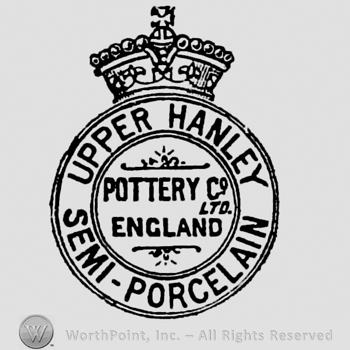 Crown above circular panel, containing writing in the centre: Pottery Co Ltd England, writing on the upper side: Upper Hanley, on the bottom side: Semi-Porcelain
