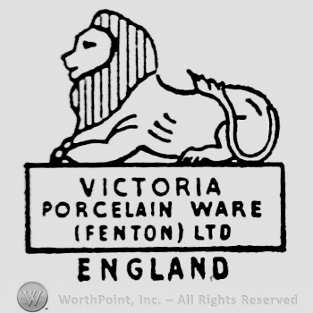 Lion above rectangular frame containing writing: Victoria Porcelain Ware (Fenton) Ltd. England capital written below