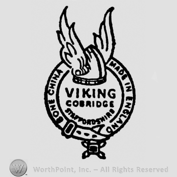 Garter mark containing helmet with wings on top, Viking Cobridge written below. Bone China written on the left side border, Made in England written on the right side border