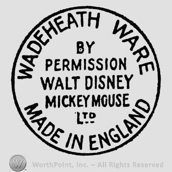 Writings inside circle: Wade heath Ware curved above, Made in England curved below, by Permission Walt Disney Mickey Mouse Ltd. written in the centre