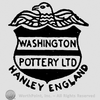 Half eagle, head turned to right, wings raised. Shield containing inscription: Washington Pottery Ltd. Hanley England curved written below