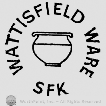 Pot in the centre. Writing around, forming circle: Wattisfield Ware S F K