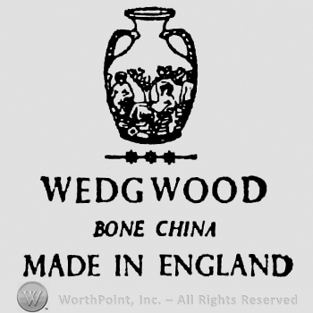 Pot decorated with a heaven scene. Line with three stars over. Wedgwood capital written below. Bone China Made in England  written beneath