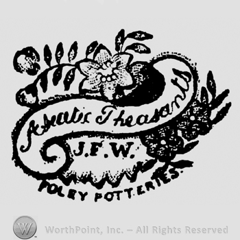 Asiatic Theasants  wavy written on a tag surrounded by flowers. J.F.W. Foley Potteries capital written