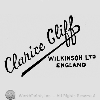 Clarice Cliff handwritten and underlined on a slanted line. Wilkinsons Ltd England capital written on two rows on the bottom right side